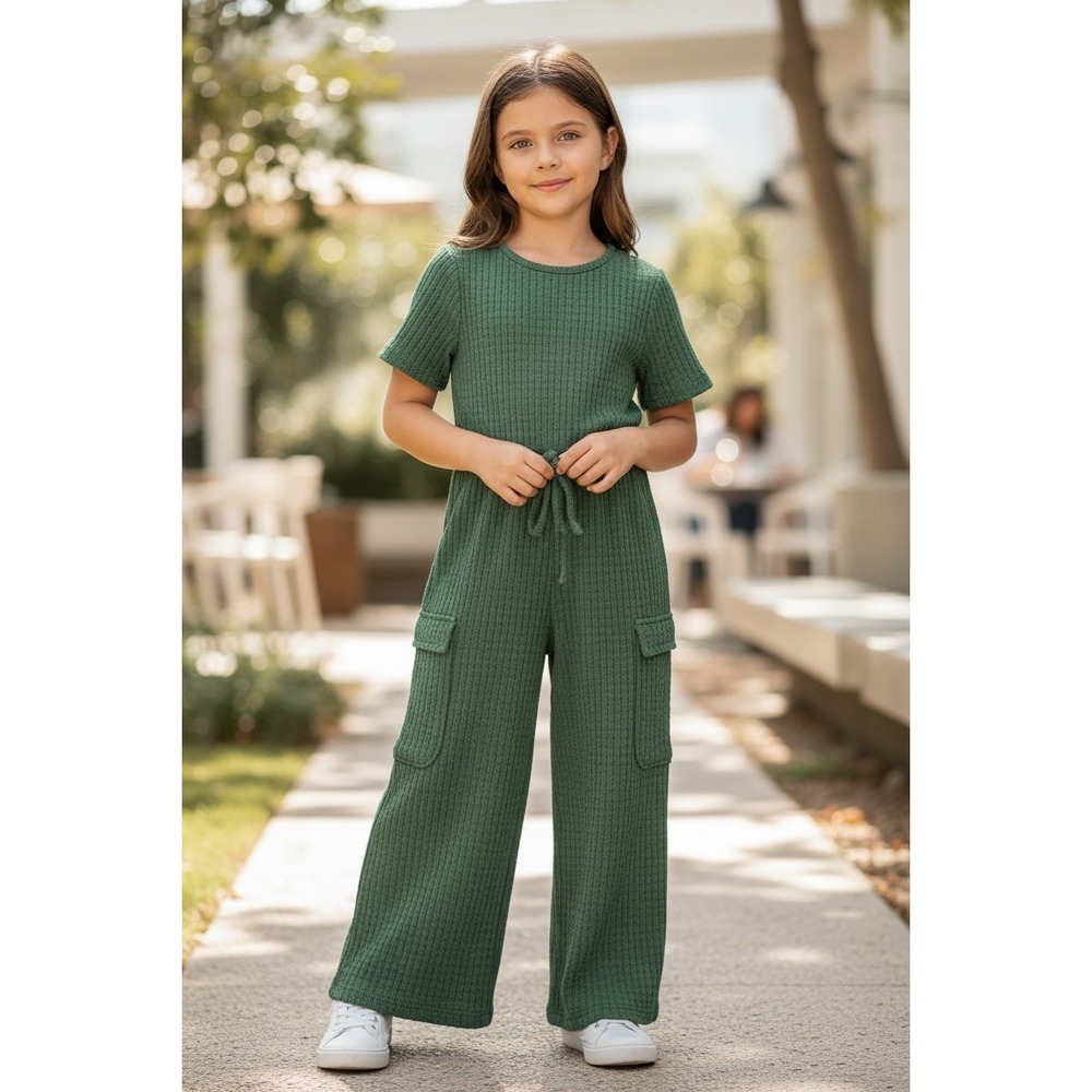 (H-236)ZARA Girls Green Textured Jumpsuit Size 6 | Short Sleeve One Piece Outfit